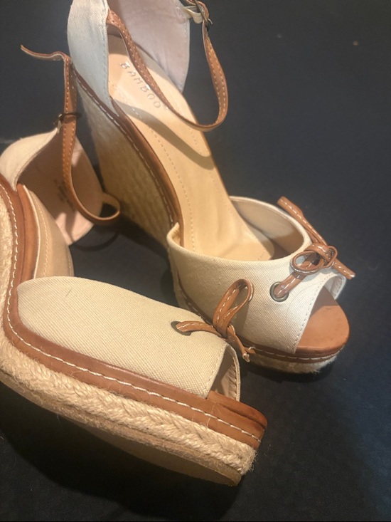 BAMBOO Shoes - BAMBOO Cream and Tan Canvas Peep-Toe Wedge Sandals